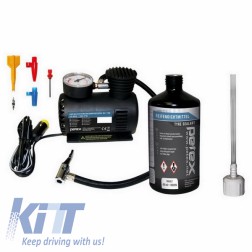 Tire set including air compressor 12V, 18 bar, incl. 3 pcs. Adapter set and tire sealant incl